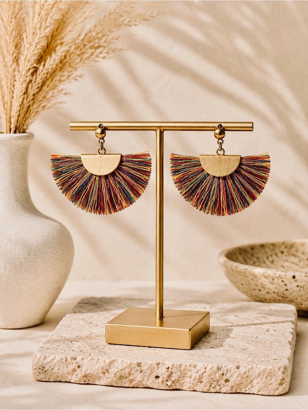 Multicolor Fringe Drop Earrings Gold Half Moon Boho Chic